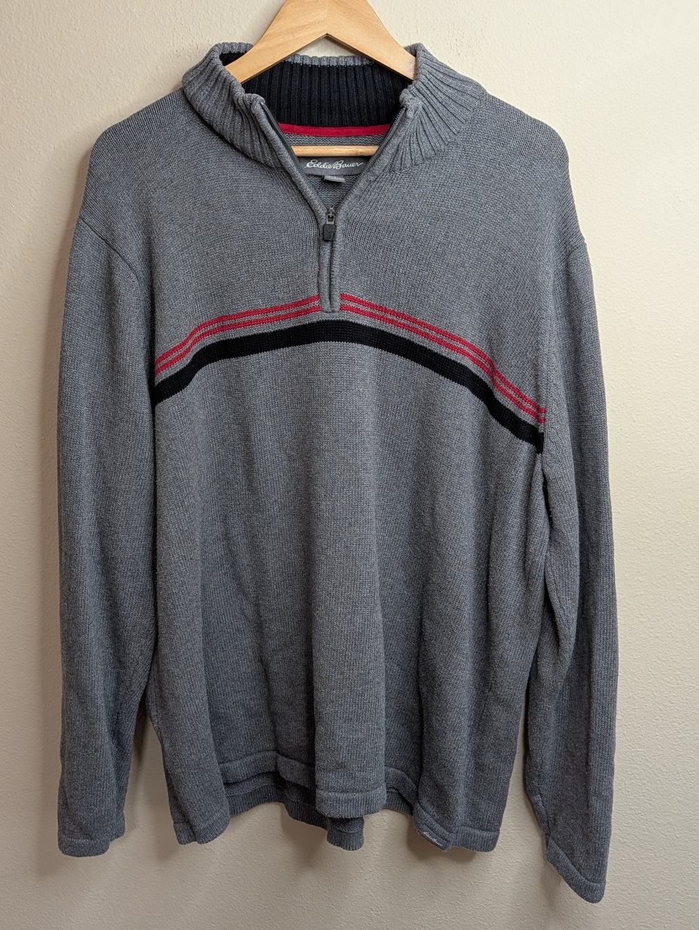 Eddie Bauer Quarter Zip Sweater Men's‎ 2XL Gray Stripe Cotton Knit